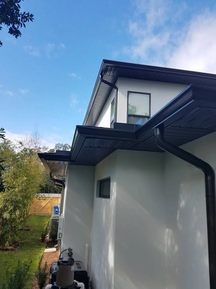 Low angle black box gutters white stucco eaves pool pump, Sanford
